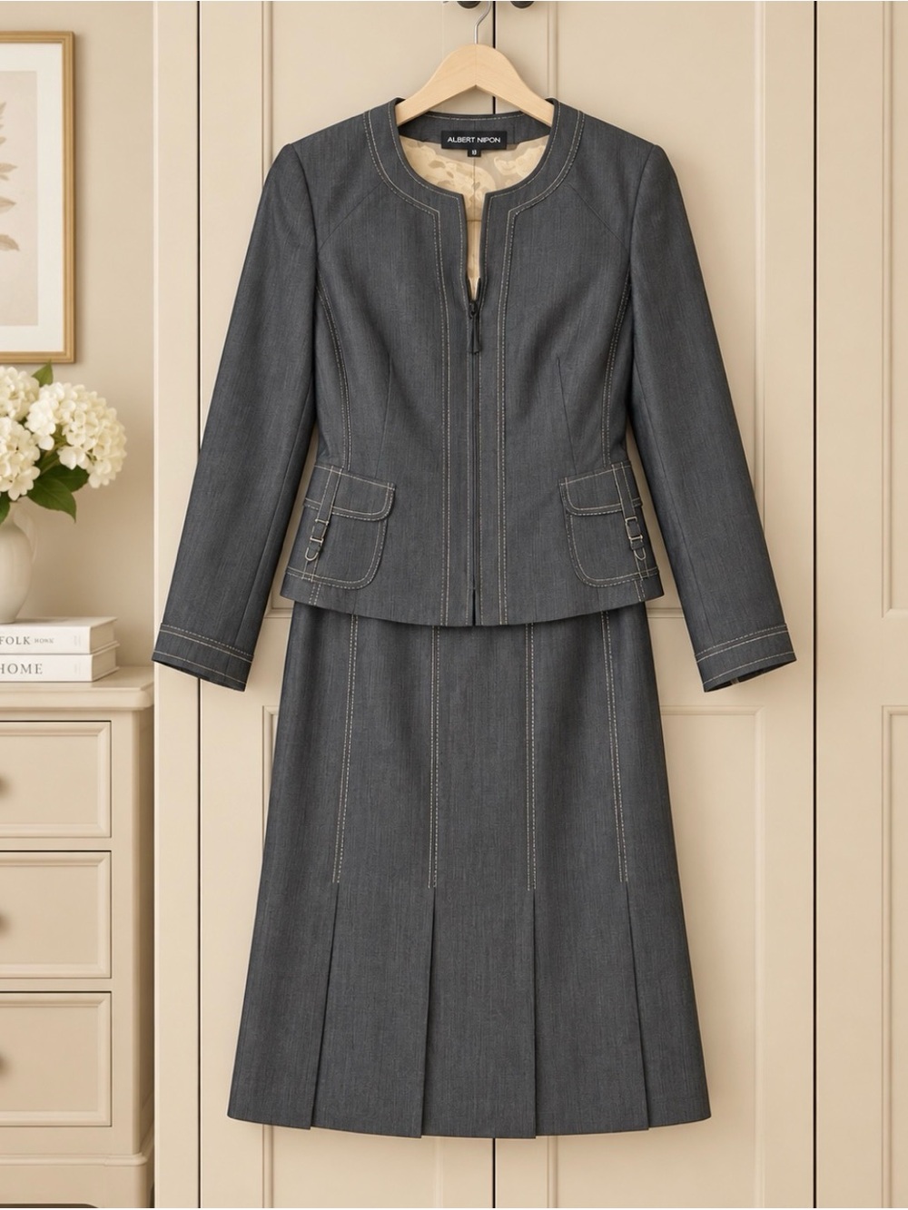 Albert Nipon Charcoal Gray Tailored Skirt Suit Set